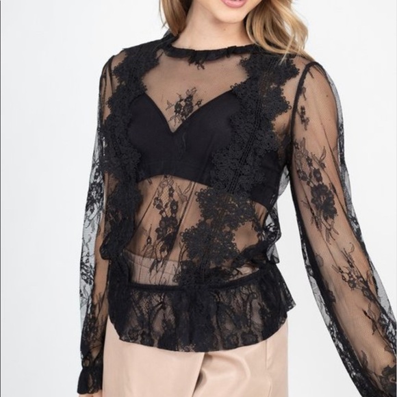 Black Sheer Mesh Floral Lace Sheer Long Sleeve Peplum Blouse - Picture 3 of 4